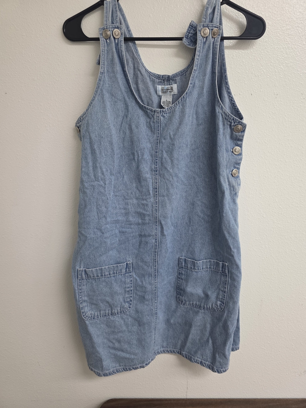 Light Wash Denim Pinafore Mini Dress with Patch Pockets (0728)